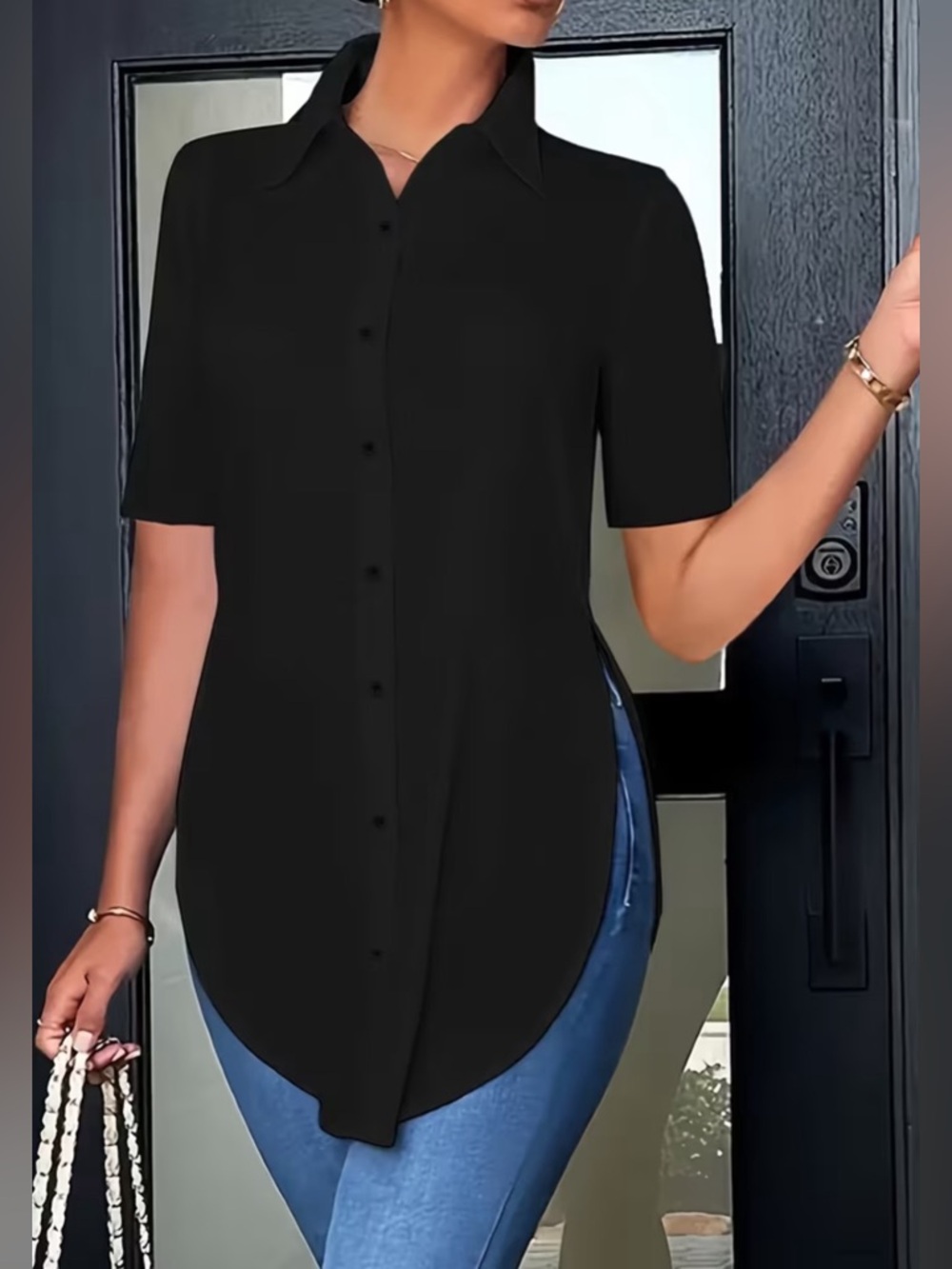 Women's Black High-Low Hem Button-Up Shirt - Size M